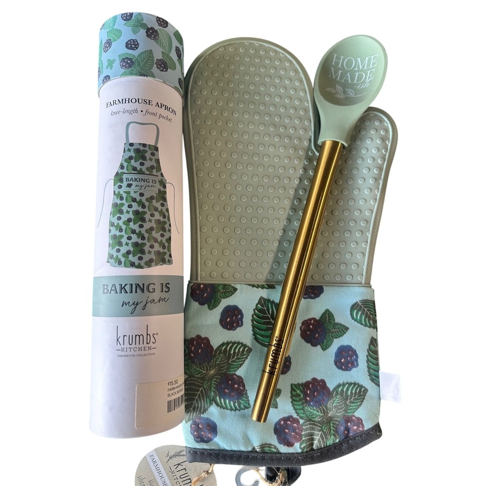 Krumbs Kitchen Farmhouse Apron Mitt Spoon Set OS Blackberry Sage Green NEW